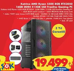ASUS KATRİNA AMD RYZEN 5500 8GB RTX3050 16GB DDR4 512GB SSD FREEDOS GAMİNG PC OYUN BİLGİSAYARI
